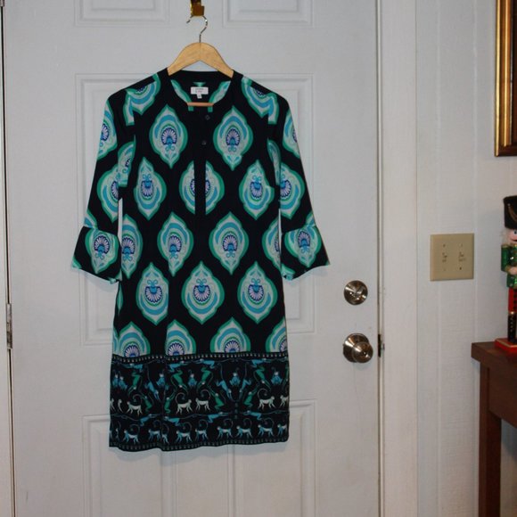 SALE: Crown & Ivy Navy/Turquoise Geometric and Monkey Design Shift Dress Size 4 - Picture 1 of 10